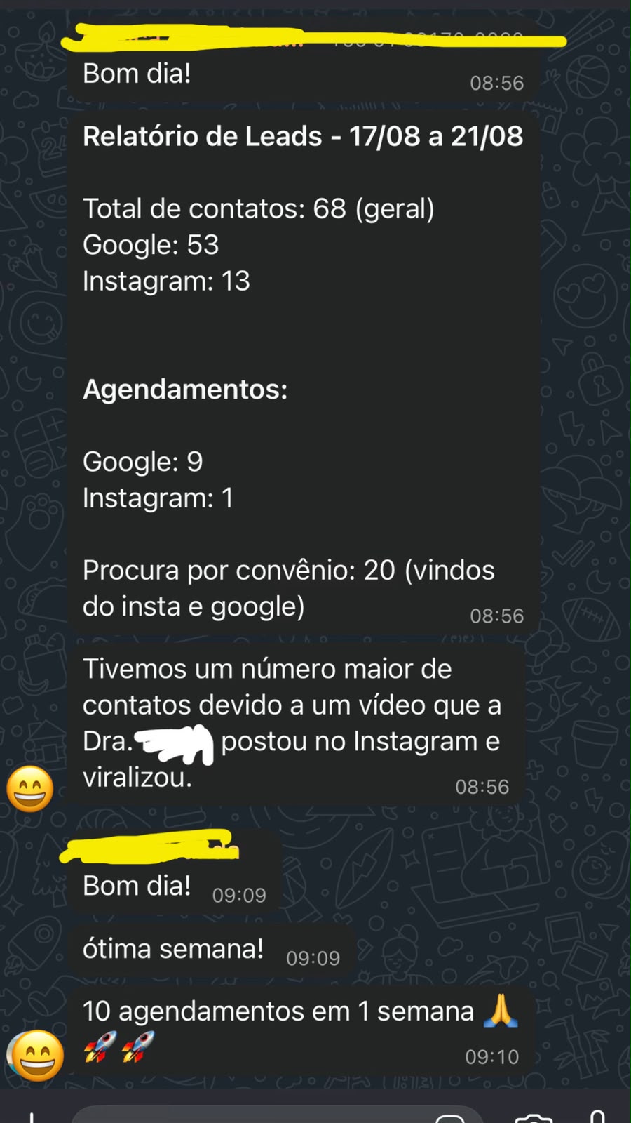 Relatório semanal de leads com origem separada entre Google e Instagram e agendamentos contados, resultando em 10 agendamentos em uma semana